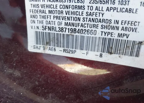 2009 Honda Odyssey Ex-L from USA, damaged, VIN 5FNRL38719B402660